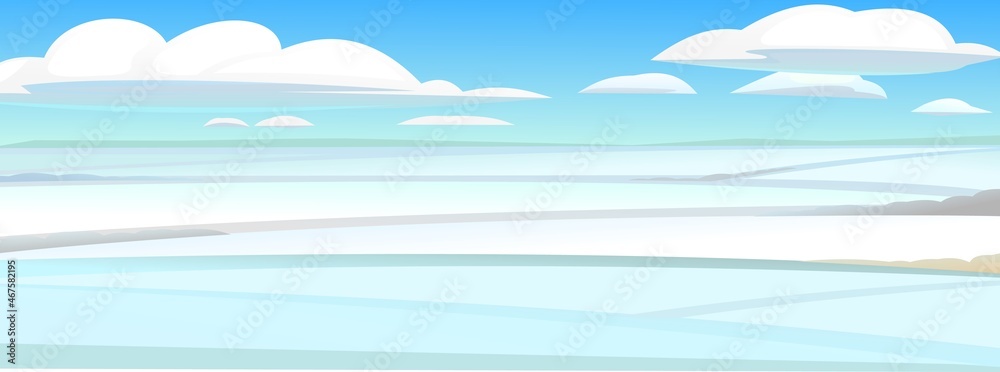 Rural distant horizon. Winter rural landscape with cold white snow and drifts. Beautiful frosty view of countryside hilly plain. Flat design cartoon style. Vector Rural distant horizon. Winter rural landscape with cold white snow and drifts. Beautiful frosty view of countryside hilly plain. Flat design cartoon style. Vector