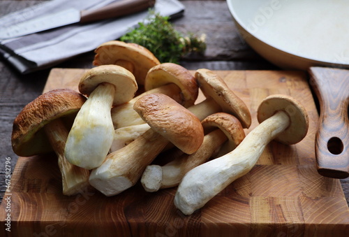 Mushrooms boletus over wooden background. Autumn cep mushrooms. Mushrooms picking and cooking