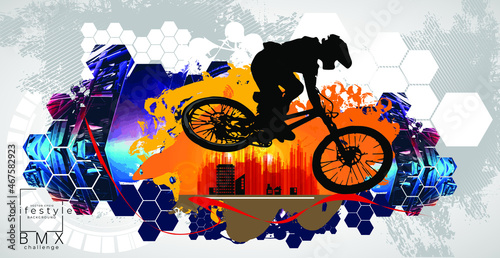 Active young man doing tricks on a bicycle, extreme sport concept. Sport background ready for poster or banner, vector