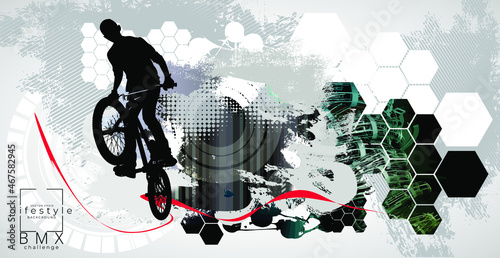 Active young man doing tricks on a bicycle, extreme sport concept. Sport background ready for poster or banner, vector