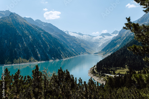 Schlegeisspeicher in Zillertal. Beautiful nature in austrian Alps. Schlegeis reservoir landscape