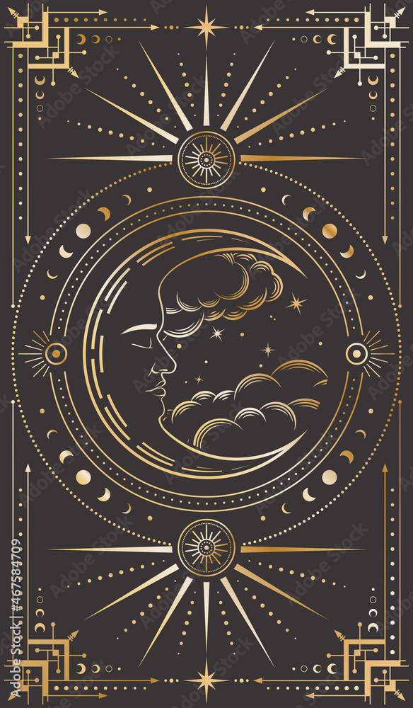 Vector mystical crescent with a sleeping face, clouds and stars on a black background. Cover for tarot card with a golden moon and ornate frame in retro style. Dark illustration stylized as engraving