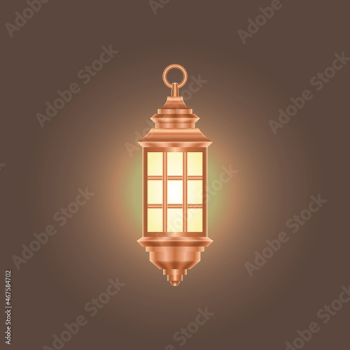 Vector isolated illustration of realistic classical hanging copper lantern. Shining three-demensional lamp with lighting effect on a brown background