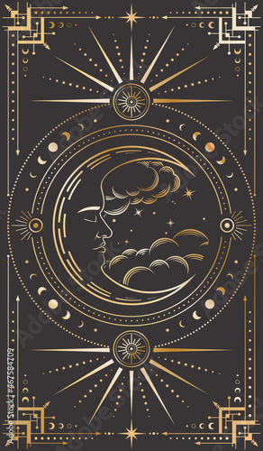 Vector mystical crescent with a sleeping face, clouds and stars on a black background. Cover for tarot card with a golden moon and ornate frame in retro style. Dark illustration stylized as engraving