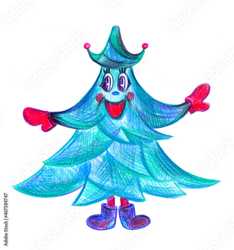  Humorous spruce drawing isolated on white background. Drawing of  Christmas tree with a cheerful face.