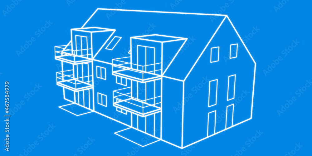 Mehrfamilienhaus mit sechs Wohnungen, Satteldach und Balkonen, Wohnungsbau, Neubau, Planung, Architektur, Blueprint