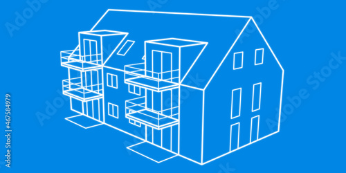 Mehrfamilienhaus mit sechs Wohnungen, Satteldach und Balkonen, Wohnungsbau, Neubau, Planung, Architektur, Blueprint photo
