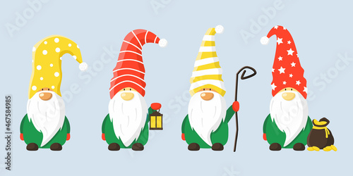 Set of cartoon dwarves. Gnomes with flashlight, bag with gold coins, staff. Cute dwarf in a hat. Dwarf with a long white beard. Vector fairy-tale characters.
