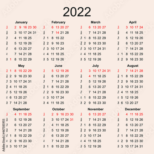 Calendar for 2022 with vertical arrangement of days of the week