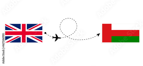 Flight and travel from United Kingdom of Great Britain to Oman by passenger airplane Travel concept