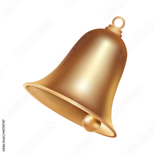 Volumetric realistic golden Christmas bell isolated on white background