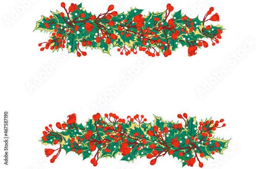Fondo o banner de hojas y frutos navideños. Espacio de texto. Temática navideña