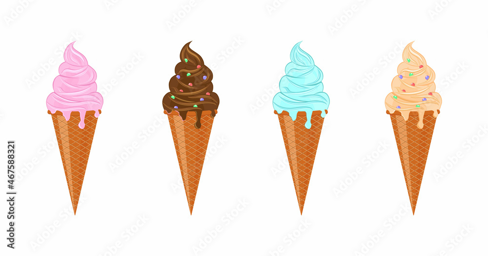 set of flavored ice cream cone isolated on white background vector illustration