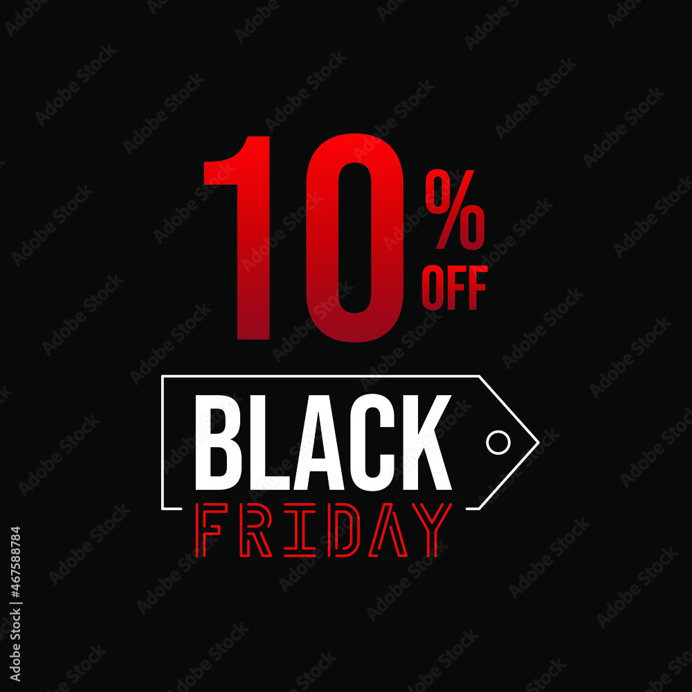 Black friday 10% off, white and red in a black background.