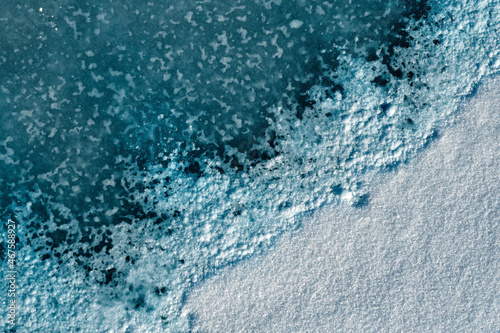 pattern of ice and snow meeting as seen from above on a frozen pond