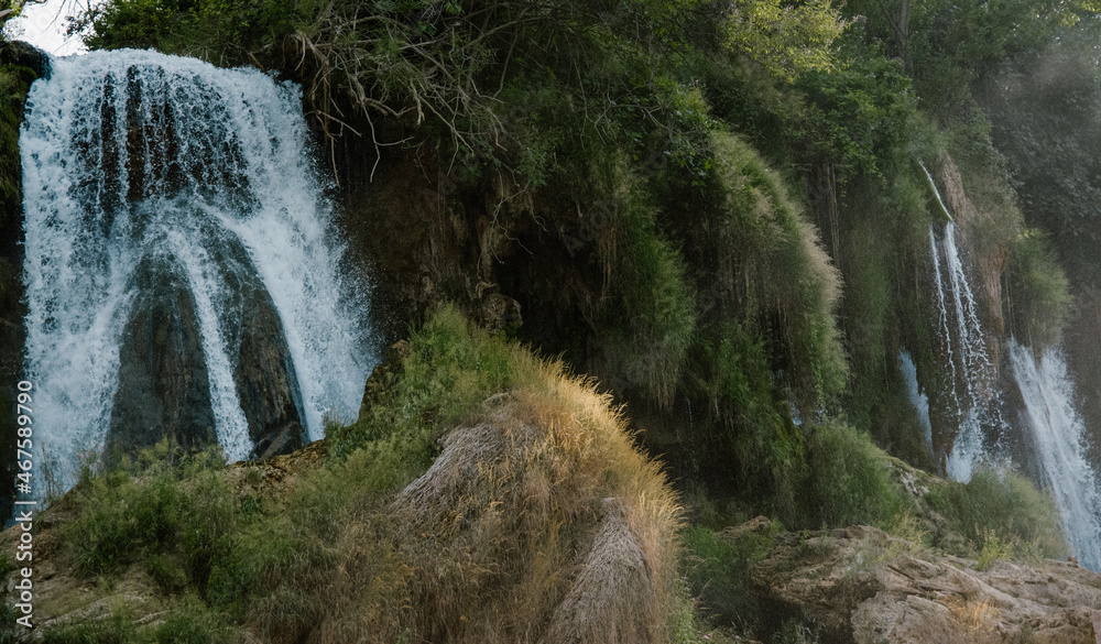 Wodospady w otoczeniu bujnej roślinności panorama - obrazy, fototapety, plakaty 