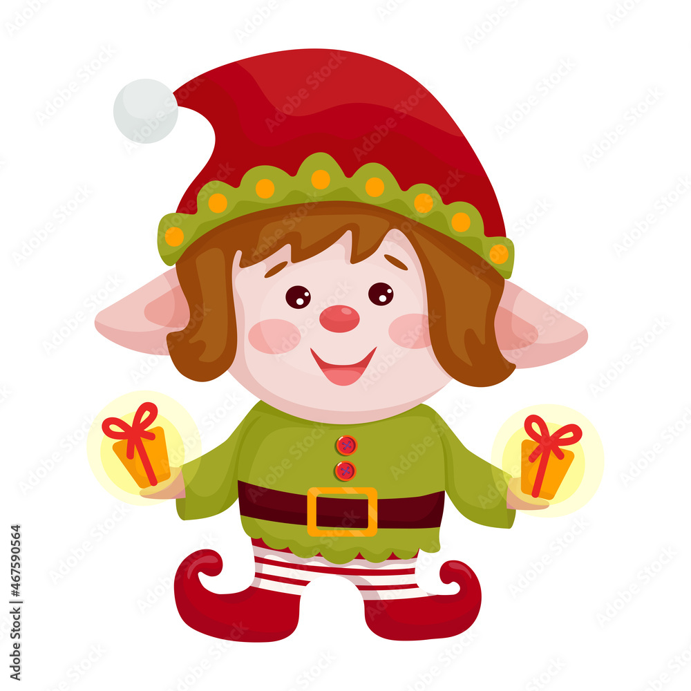 Christmas elf with gifts.Funny character in a festive costume. Cartoon vector graphics. Christmas elf with gifts.Funny character in a festive costume. Cartoon vector graphics.