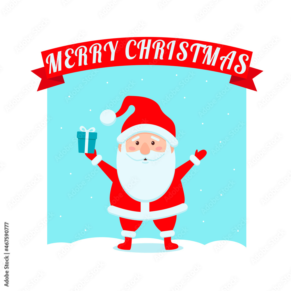 Santa Claus is standing in the snow on a blue background with a gift in his hand . The red ribbon says Merry Christmas . Santa Claus is standing in the snow on a blue background with a gift in his hand . The red ribbon says Merry Christmas .