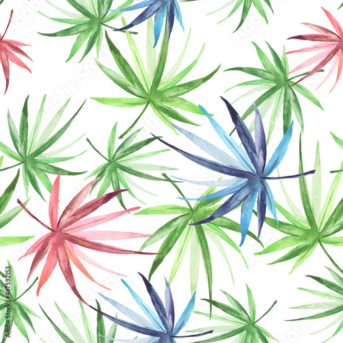 Watercolor palm leaf seamless pattern. Tropical leaves. Jungle, hawaii. Bright Rapport for Paper, Textile, Wallpaper, design. Tropical leaves watercolor. Exotic tropical palm tree. abstract splash. 