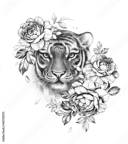 Monochrome Tiger with Rose Flowers