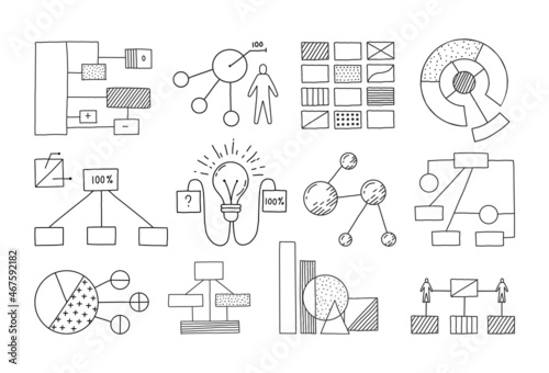 Doodle block schemes. Hand drawn sketch of infographic charts and bars. Data visualization. Graphs with geometric shapes and arrows. Vector white and black presentation templates set