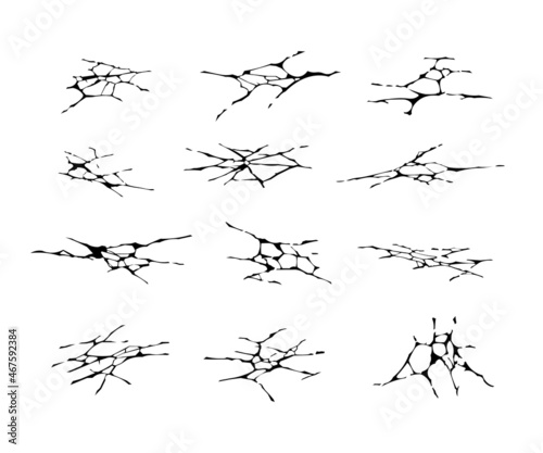 Floor crack. Cartoon earthquake ground holes. Land fractures and canyon clefts. Concrete breaks and game damage effects collection. Cement erosion templates. Vector surface splits set