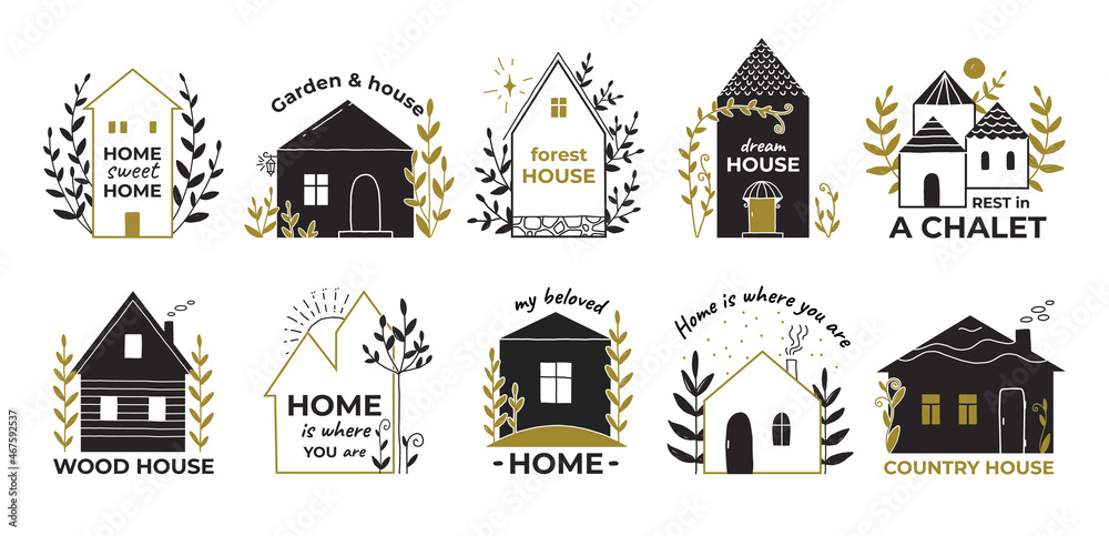 Real estate doodle logo. Countryside wooden house sketch. Rental village wooden chalet with garden and town cottage. Residential buildings and letterings. Vector cozy home icons set
