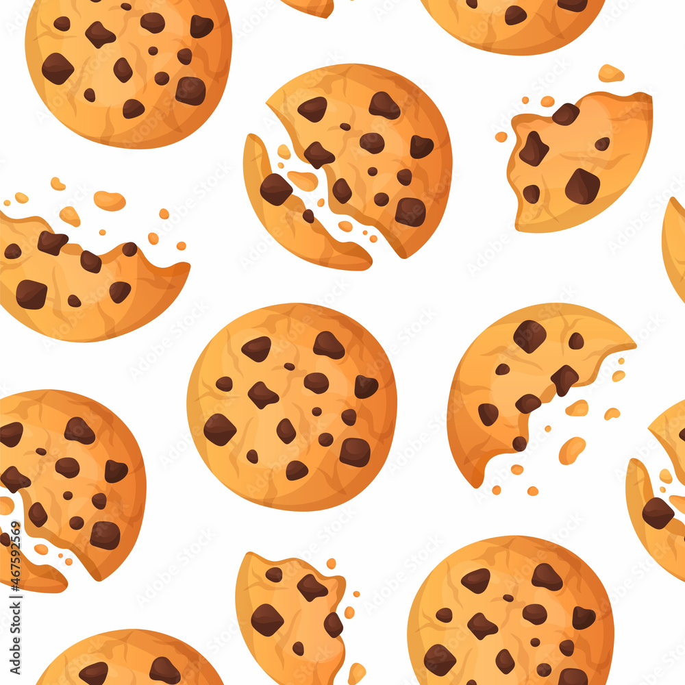 Cookie pattern. Cartoon wallpaper with cute chocolate biscuit pieces and chips. Sweet dessert seamless texture. Yummy confectionery. Crushed pastry and crumbs. Vector food product print Cookie pattern. Cartoon wallpaper with cute chocolate biscuit pieces and chips. Sweet dessert seamless texture. Yummy confectionery. Crushed pastry and crumbs. Vector food product print
