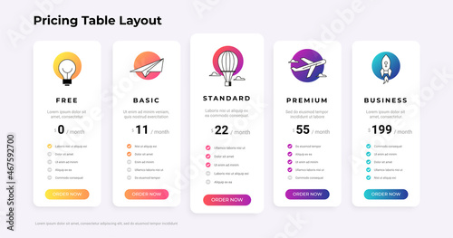 Pricing table. Products comparison chart list. Advertising banner with columns of checklist and price compare. Business host tags template. Promotion order infographic. Vector web layout