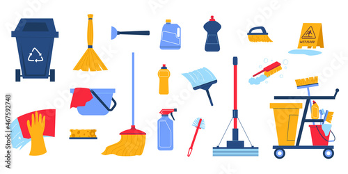 Cleaning detergent. Doodle housekeeping supplies. Household cleanup service equipment. Rubber gloves. Bucket and housework chemistry. Cleansers and trash bin. Vector housework tools set