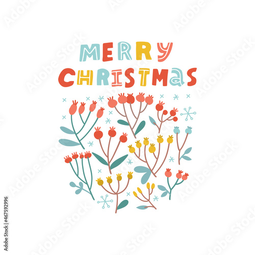 Christmas greeting card template with branch, berry, snowflake on white background. Circle ornament in scandinavian style with childish lettering text. Perfect for Xmas postcards. Vector illustration