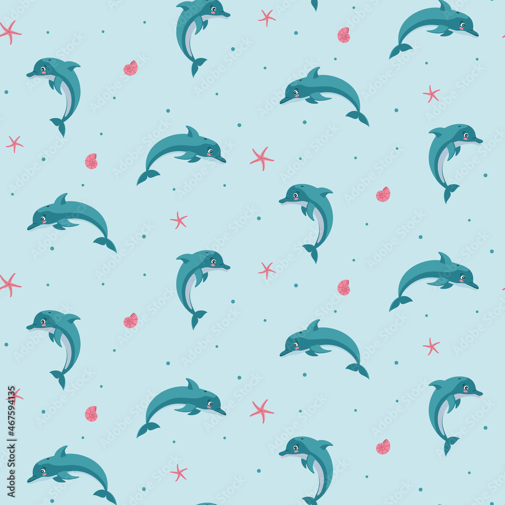 Seamless marine pattern jumping dolphin with seashells and starfish. Color vector illustration. Seamless marine pattern jumping dolphin with seashells and starfish. Color vector illustration.