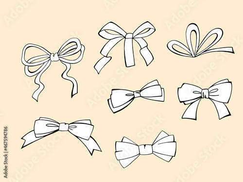 Cute Christmas set with bows. Various bows for Christmas gifts decorating. Hand drawn sketch style. Line art. Isolated bows as design elements on yellow background. 