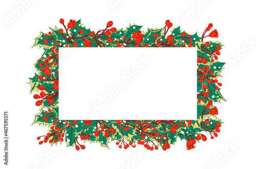 Fondo, banner o marco de hojas y frutos navideños. Espacio de texto. Temática navideña