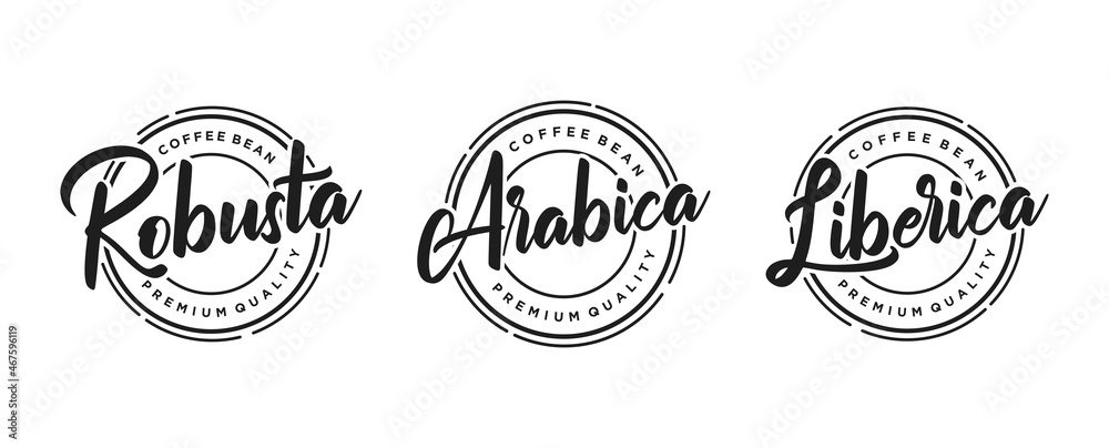 Set of Robusta Arabica Liberica coffee bean logo handwritten lettering with label badge emblem design vector template..