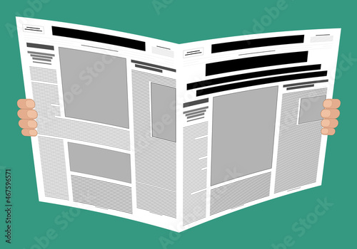 Persona leyendo el periódico . Lectura del periódico. Periódico  sujetado por unas manos sobre fondo verde. Fuente de información