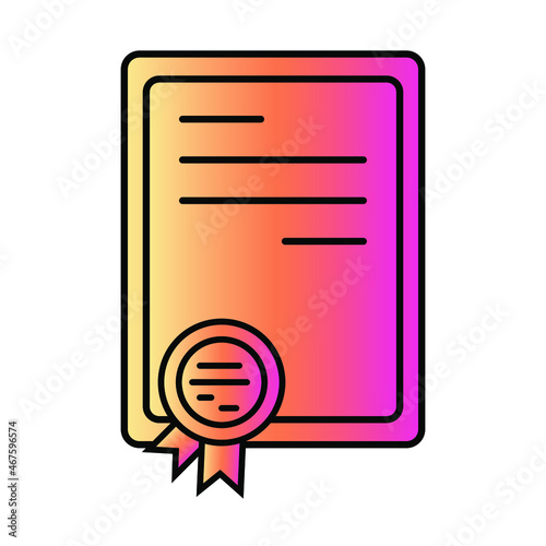 Certificate in pink gradient and black outline. Quality confirmation sign icon. Education document. Modern flat design. Vector.