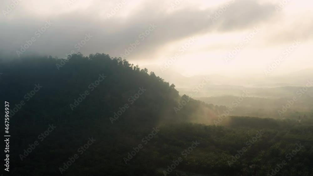 Sunrise aerial view of mountain and oil palm plantation at Pagoh, Muar, Malaysia Sunrise aerial view of mountain and oil palm plantation at Pagoh, Muar, Malaysia