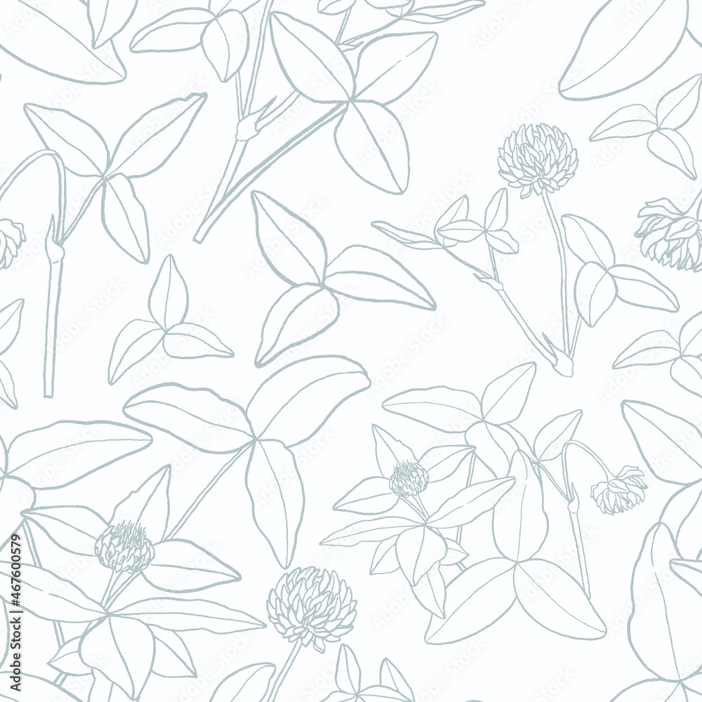 Seamless pattern with clover three leaves for Saint Patricks Day. Background with flowers and clover leaves. Can be used template for wallpaper, printing on fabrics, interior design, packaging etc. Seamless pattern with clover three leaves for Saint Patricks Day. Background with flowers and clover leaves. Can be used template for wallpaper, printing on fabrics, interior design, packaging etc.