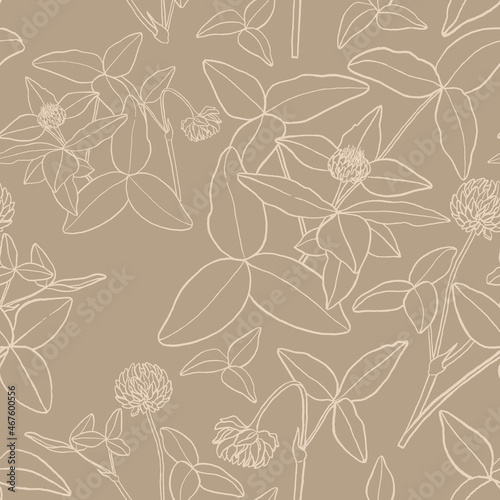 Seamless pattern with clover three leaves for Saint Patricks Day. Background with flowers and clover leaves. Can be used template for wallpaper, printing on fabrics, interior design, packaging etc.