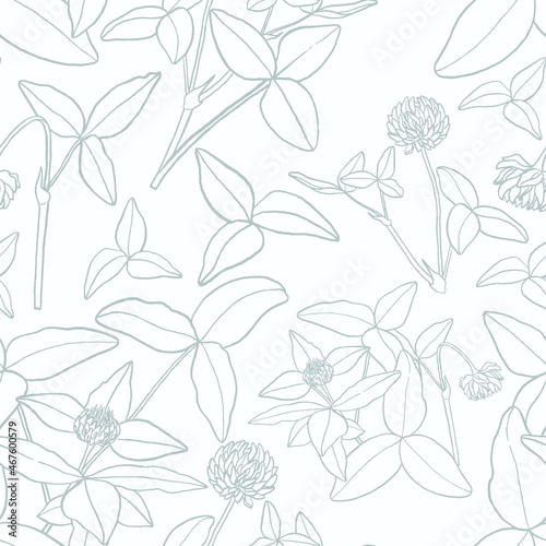 Seamless pattern with clover three leaves for Saint Patricks Day. Background with flowers and clover leaves. Can be used template for wallpaper, printing on fabrics, interior design, packaging etc.