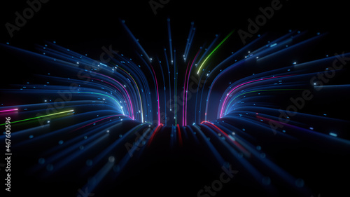 Fotografie, Tablou 3d render, abstract background with colorful neon lines going to gravity well, c