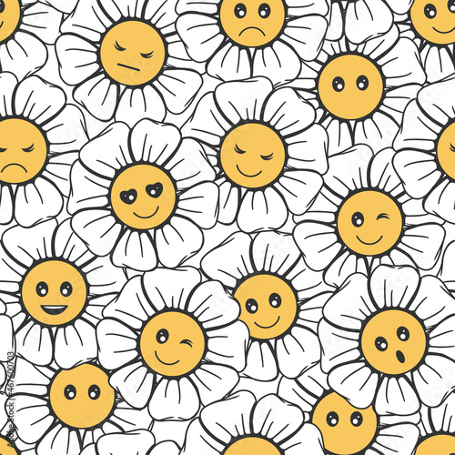 seamless pattern from cute chamomile with faces. Cartoon style. Vector illustration. Endless picture.