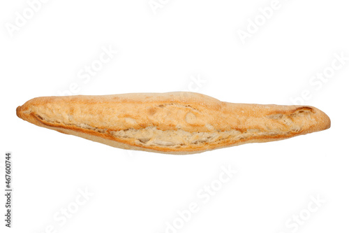 baguette of wheat flour is isolated on a white background with a top view. Healthy food, flour, bread, cereals, bakery.