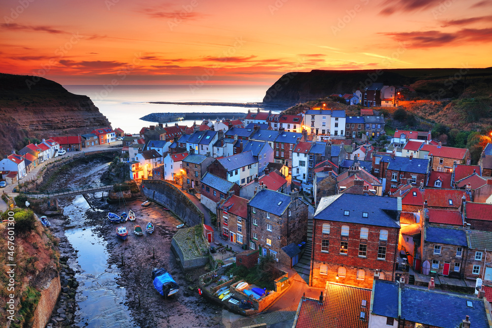 Clifftop view at Sunrise of Staites, North Yorkshire, England, UK.