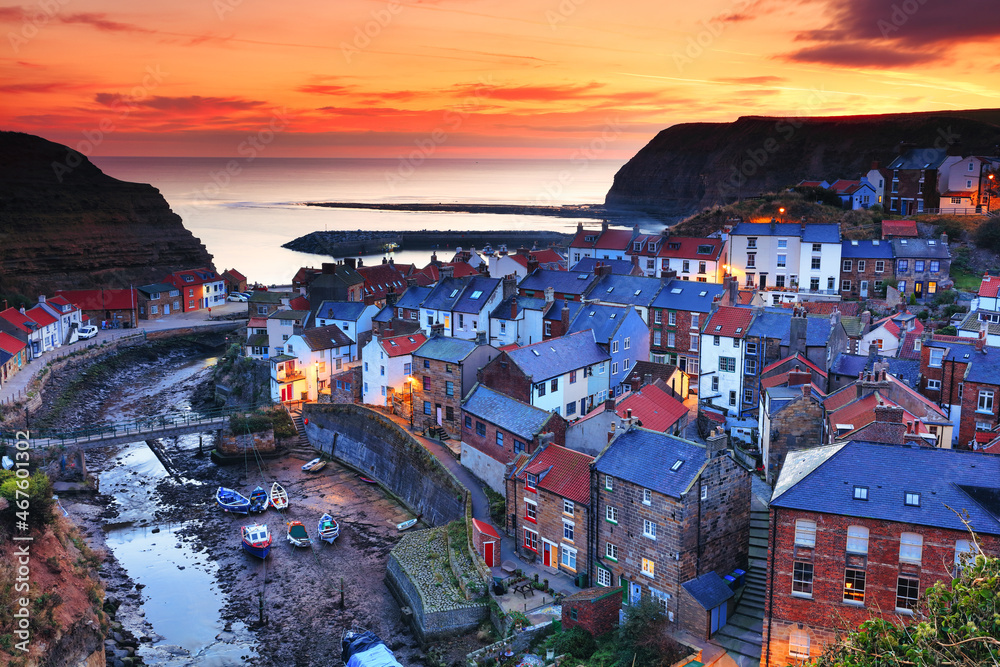 Clifftop view at Sunrise of Staites, North Yorkshire, England, UK.