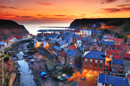Clifftop view at Sunrise of Staites, North Yorkshire, England, UK.