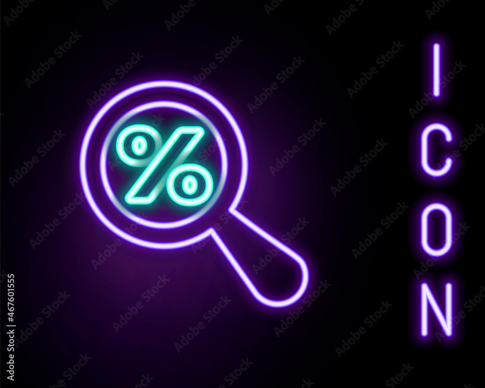 Glowing neon line Magnifying glass with percent discount icon isolated on black background. Discount offers searching. Search for discount sale sign. Colorful outline concept. Vector Glowing neon line Magnifying glass with percent discount icon isolated on black background. Discount offers searching. Search for discount sale sign. Colorful outline concept. Vector