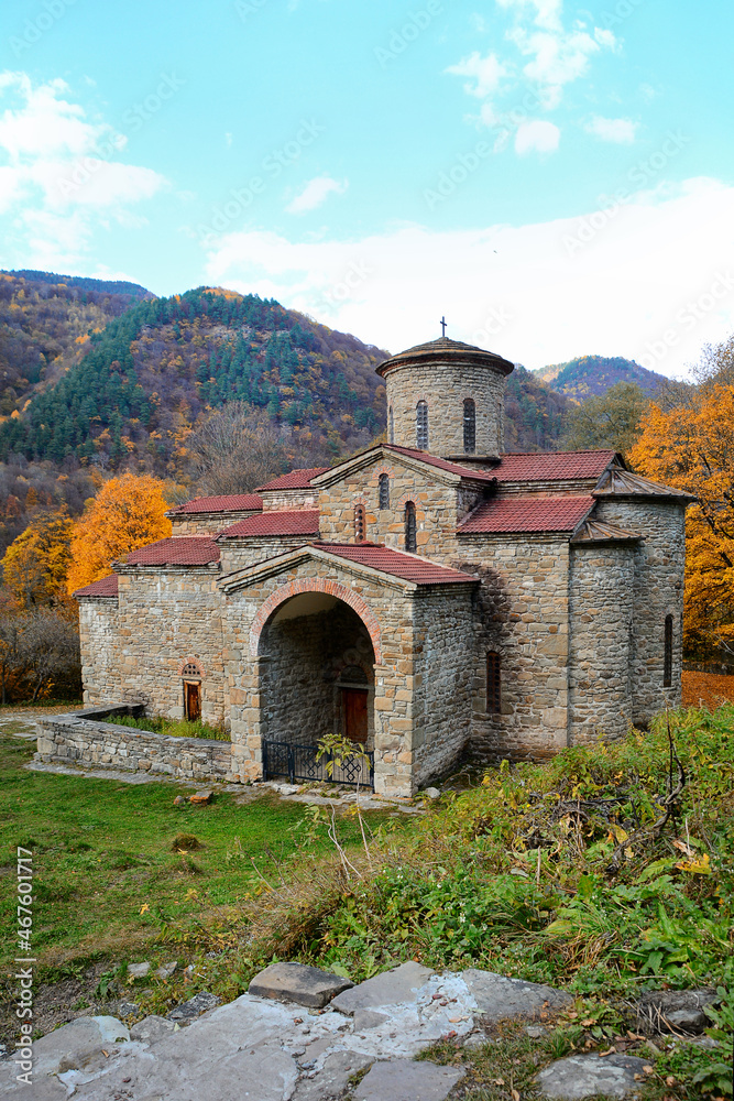 Karachay-Cherkessia, Arkhyz, Russia, Autumn 2021. An old abandoned temple in the Caucasus. Lower Zelenchuk temple of the 10-13th century.