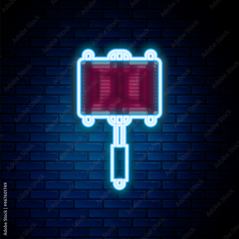 Glowing neon line Barbecue steel grid icon isolated on brick wall background. Top view of BBQ grill. Wire rack for BBQ. Grilling basket. Colorful outline concept. Vector Glowing neon line Barbecue steel grid icon isolated on brick wall background. Top view of BBQ grill. Wire rack for BBQ. Grilling basket. Colorful outline concept. Vector